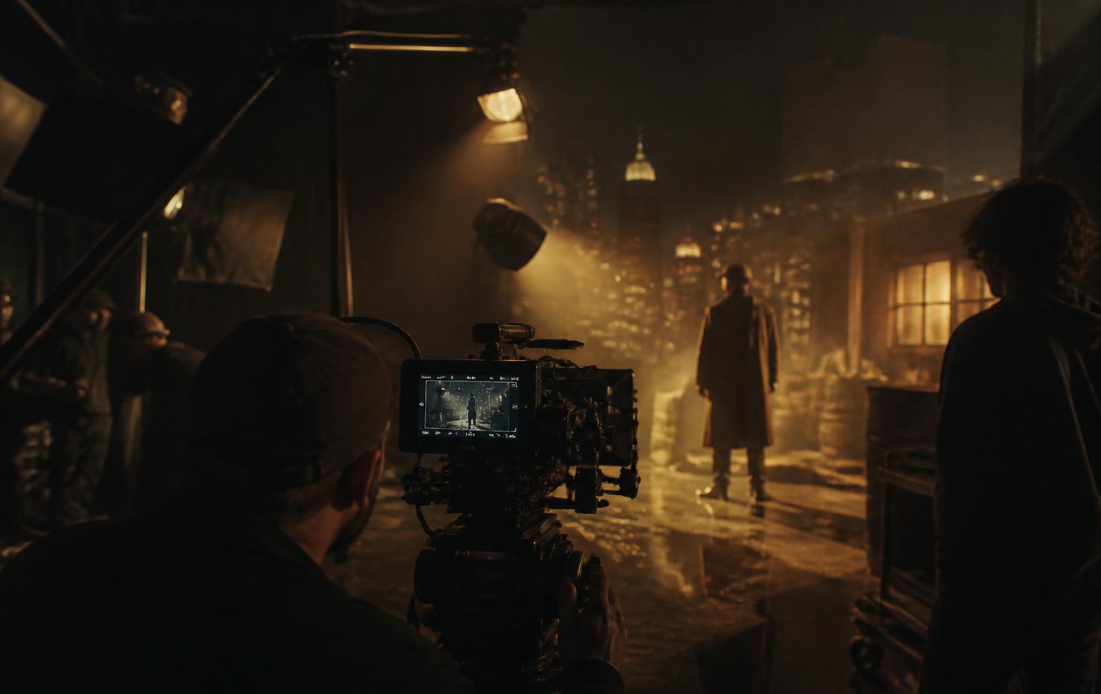 A film set at night, camera rig in the foreground, warm key light cutting through haze